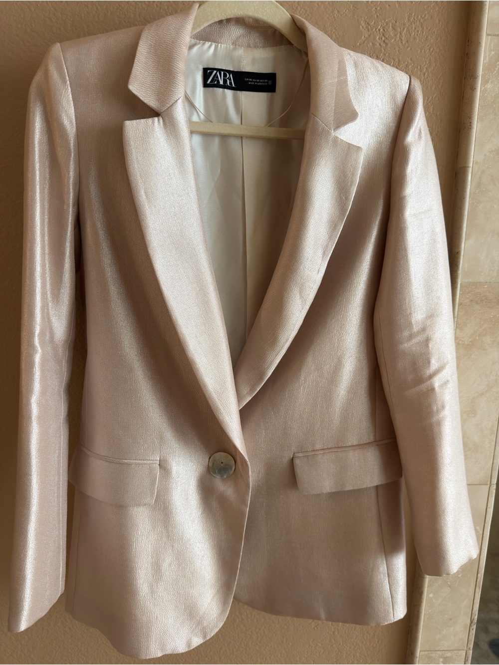 Zara Plaid Tailored Blazer Size 4 light Rose Pink Cream Tan Classic Check Jacket